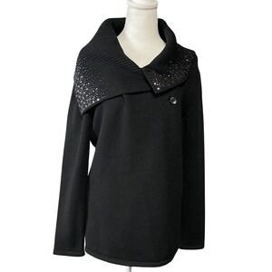 Christine Alexander Sweater Womens Medium Black Wool‎ Embellished Collar Button